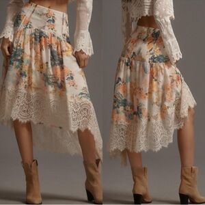 By Anthropologie Asymmetrical Lace A-Line Skirt